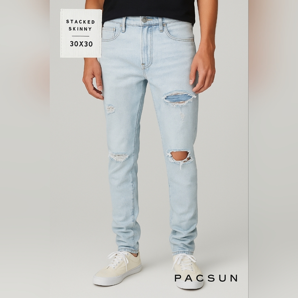 PacSun Men’s Light Wash Distressed Stacked Skinny Jeans Size 30x30
